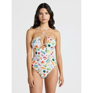 No Boundaries Italian Picnic Printed Halter One-Piece Swimsuit